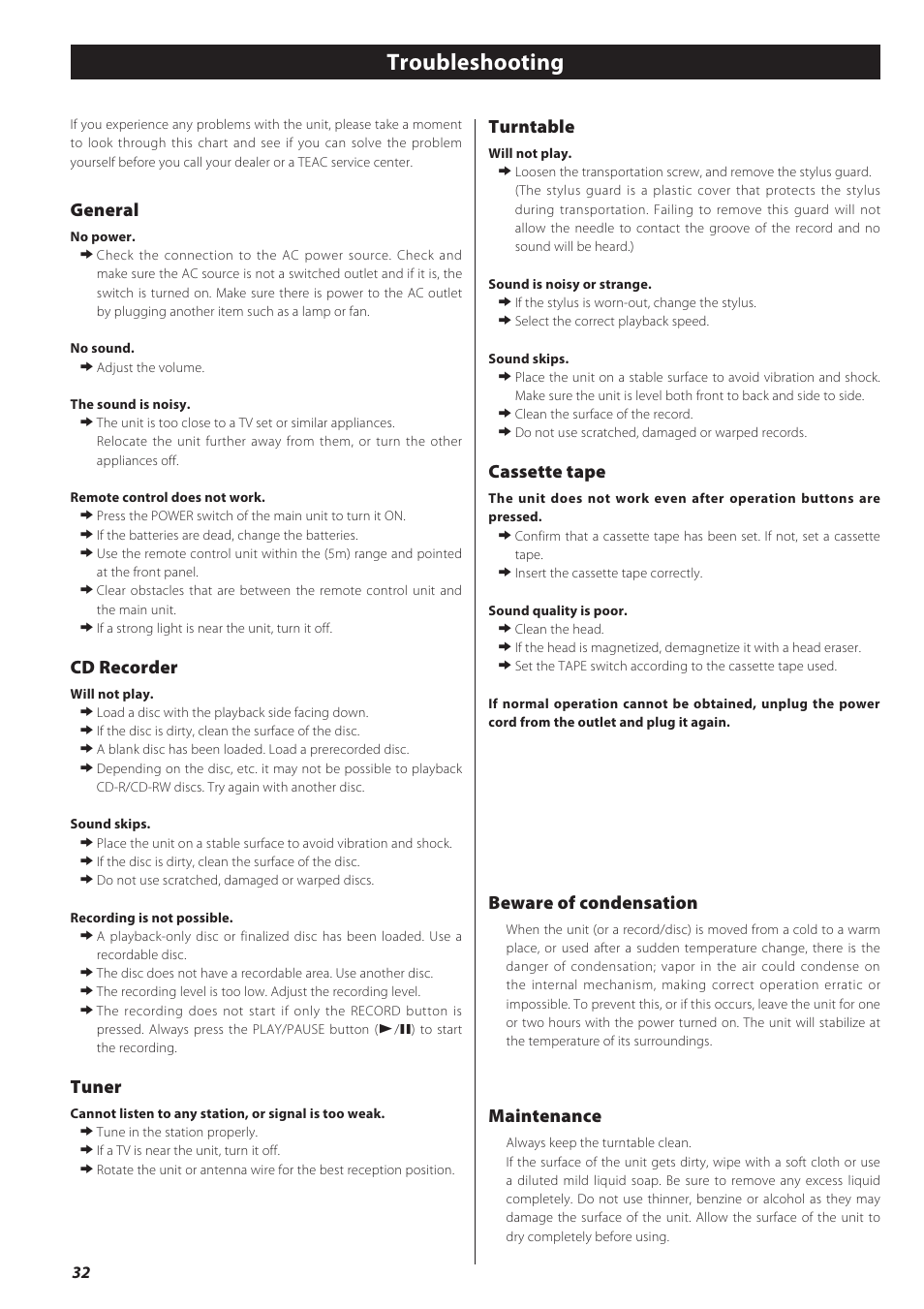 Troubleshooting, General, Cd recorder | Tuner, Turntable, Cassette tape, Beware of condensation, Maintenance | Teac LPR500 User Manual | Page 32 / 96