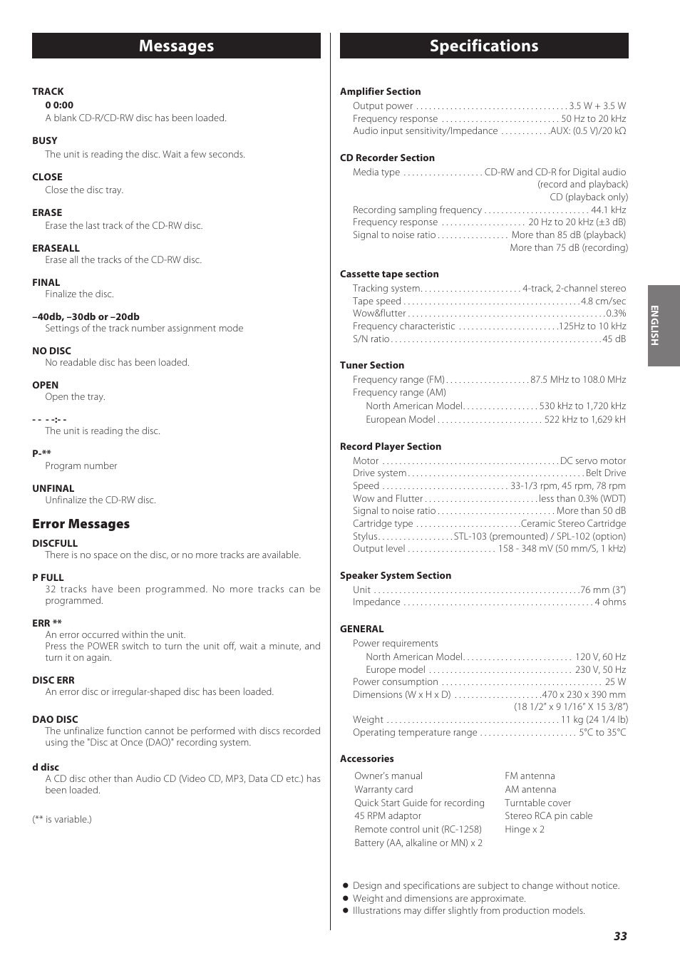 Messages, Specifications, Specifications messages | Error messages | Teac LPR500 User Manual | Page 33 / 96