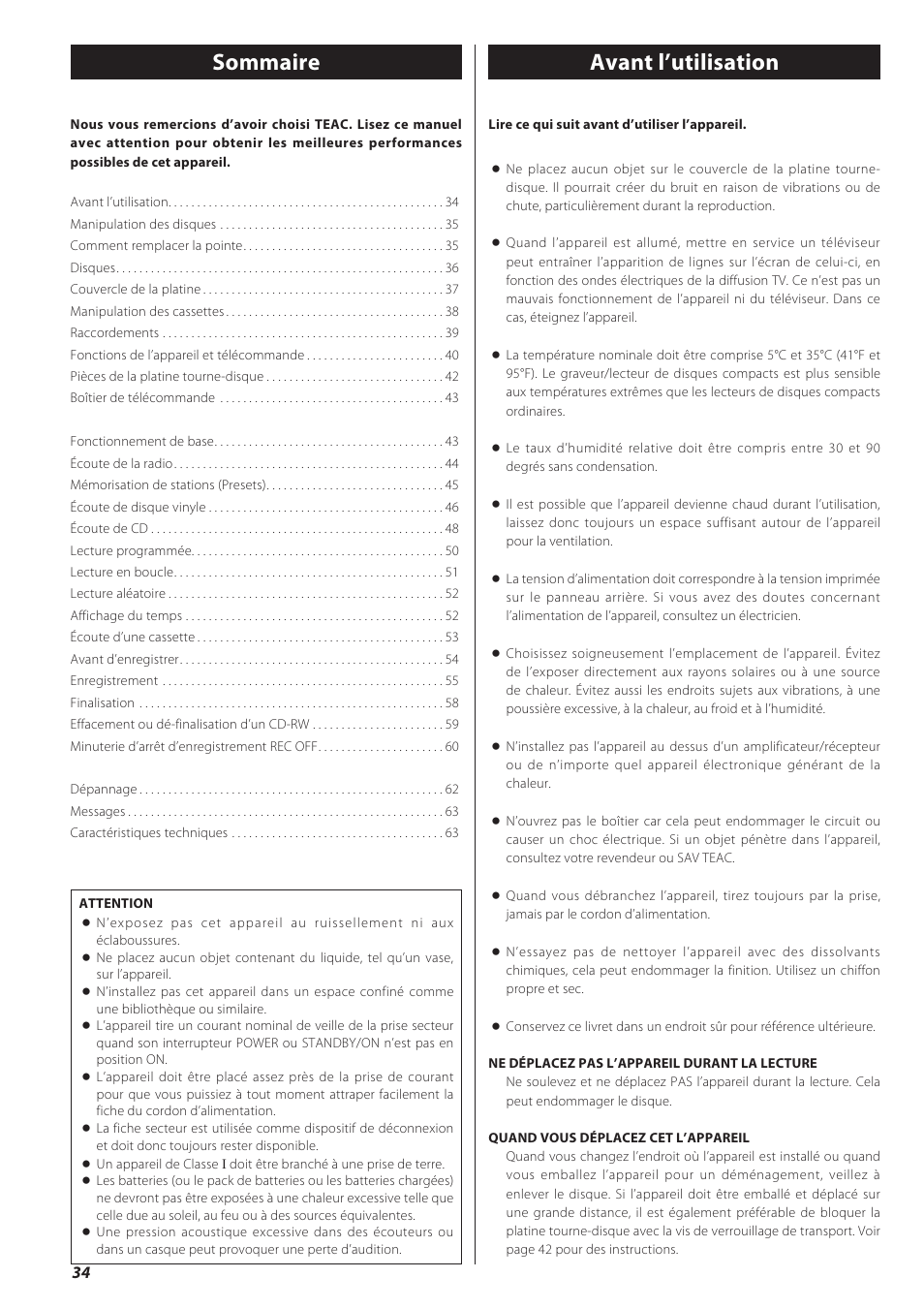 Mode d’emploi, Sommaire, Avant l’utilisation | Teac LPR500 User Manual | Page 34 / 96