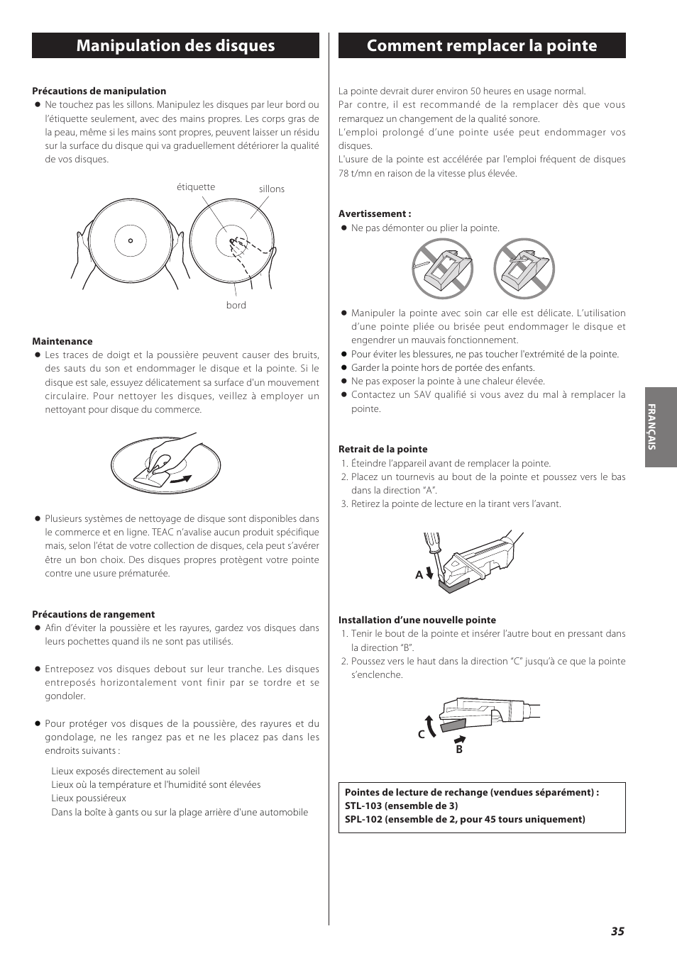 Manipulation des disques, Comment remplacer la pointe | Teac LPR500 User Manual | Page 35 / 96