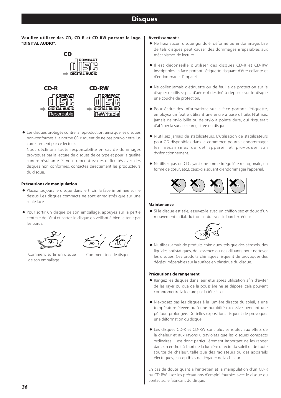 Disques, Cd cd-r cd-rw | Teac LPR500 User Manual | Page 36 / 96