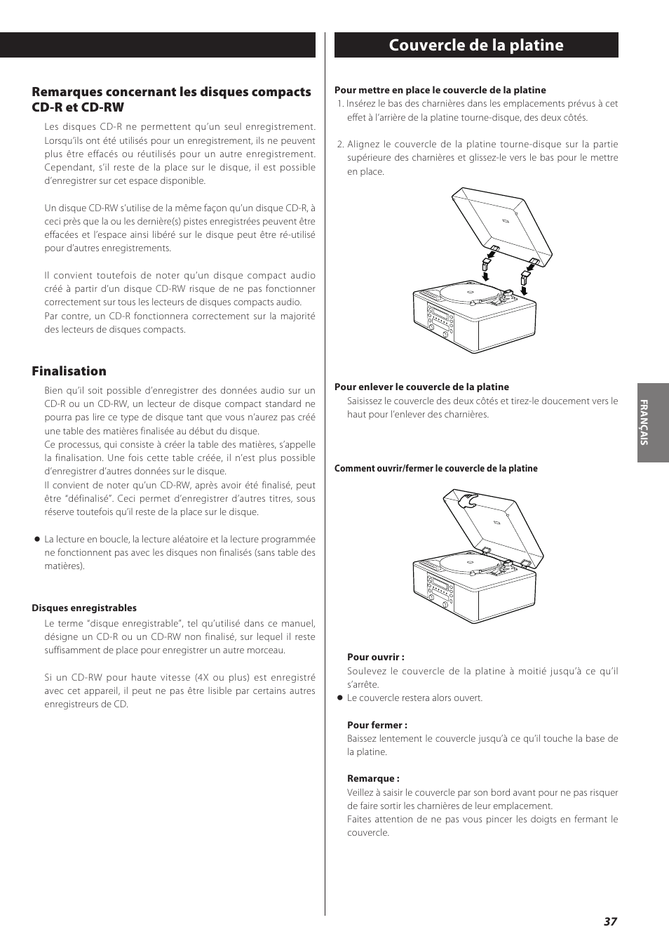 Couvercle de la platine, Finalisation | Teac LPR500 User Manual | Page 37 / 96