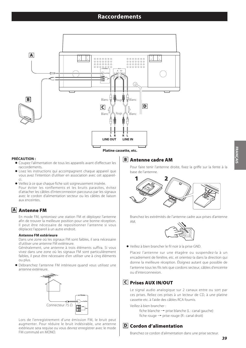 Raccordements, Antenne fm, Antenne cadre am | Prises aux in/out, Cordon d’alimentation | Teac LPR500 User Manual | Page 39 / 96