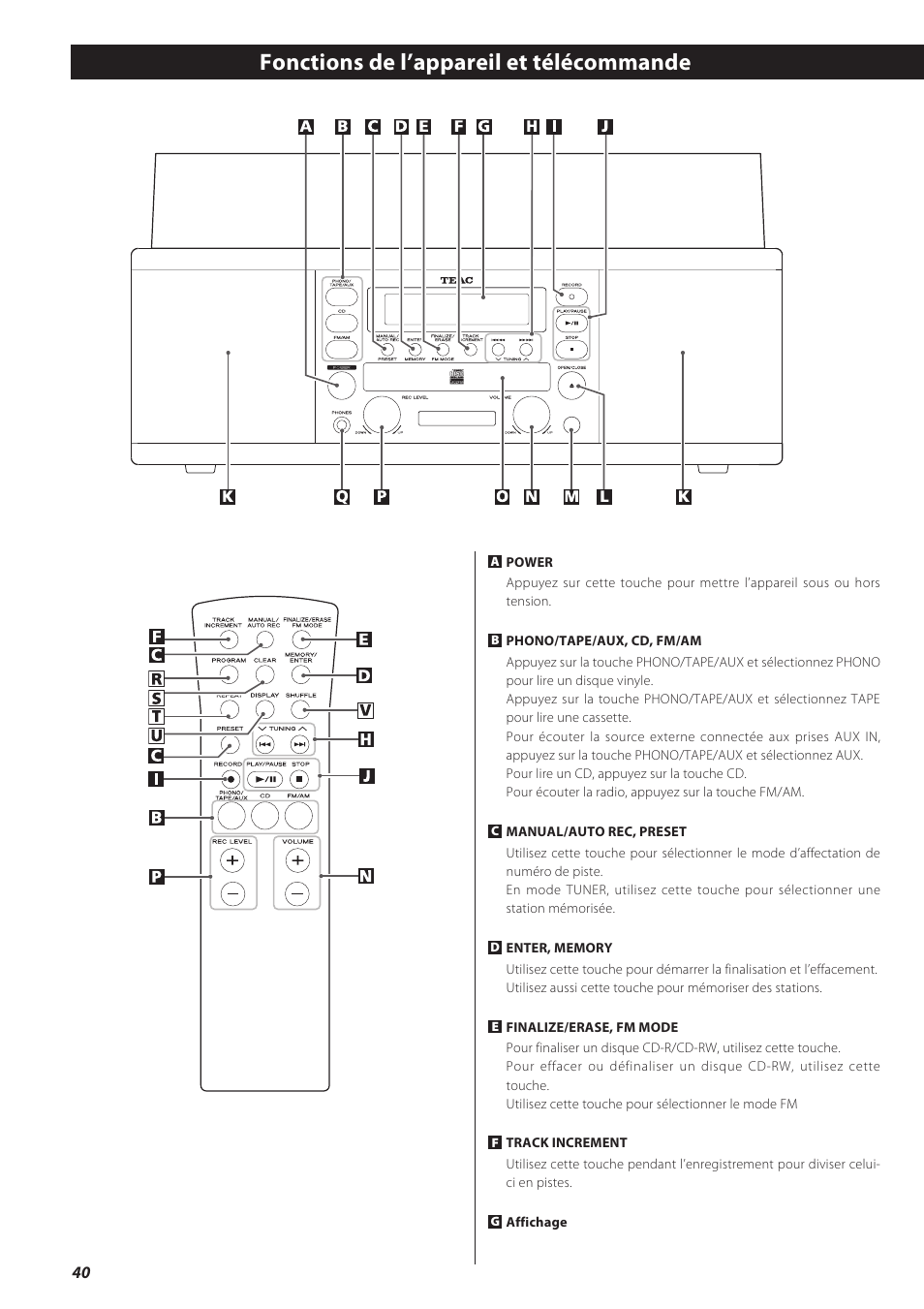 Fonctions de l’appareil et télécommande | Teac LPR500 User Manual | Page 40 / 96