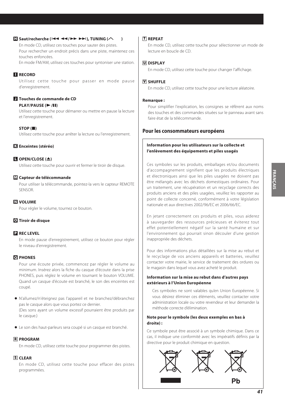 Pour les consommateurs européens | Teac LPR500 User Manual | Page 41 / 96