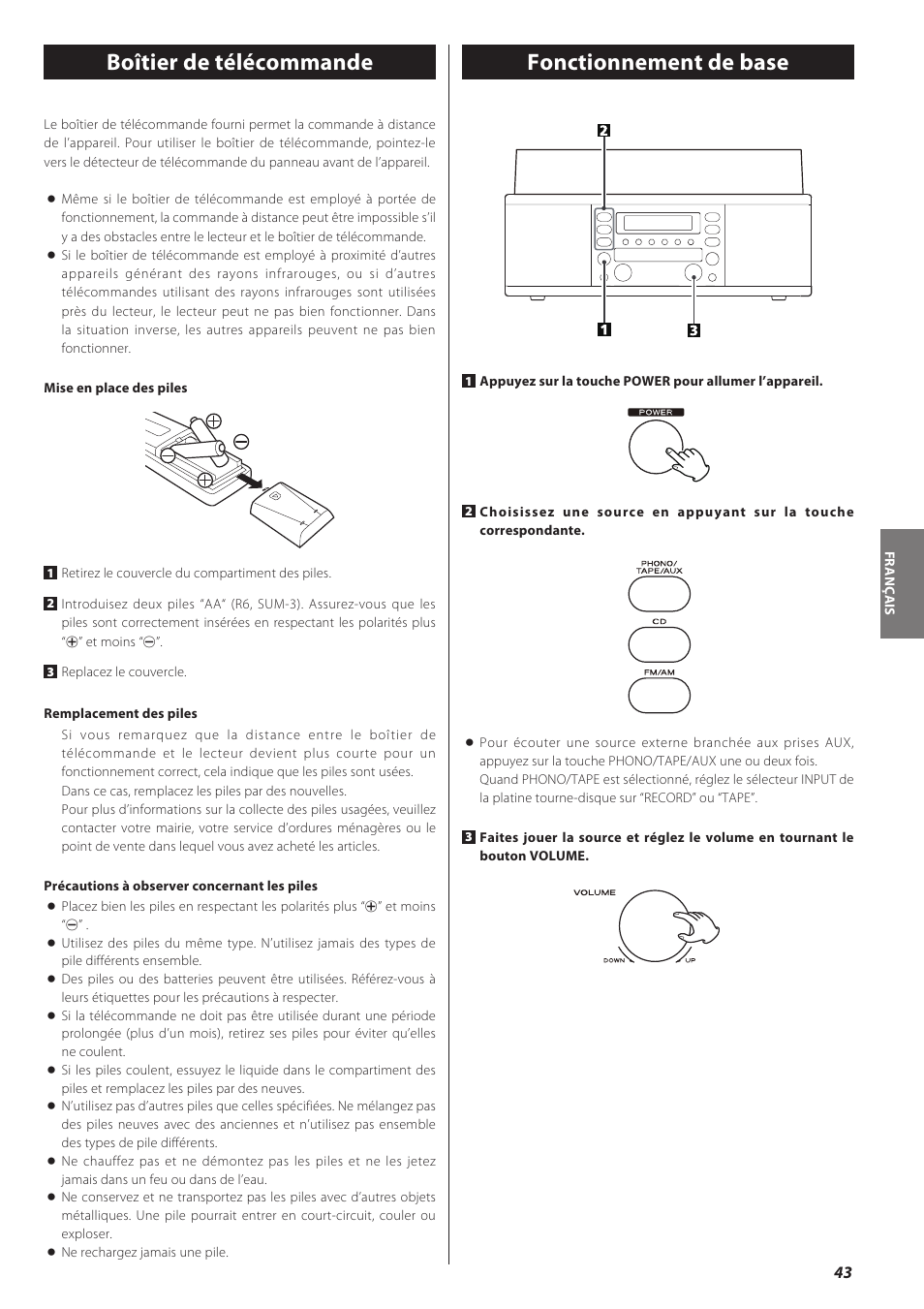 Boîtier de télécommande, Fonctionnement de base | Teac LPR500 User Manual | Page 43 / 96