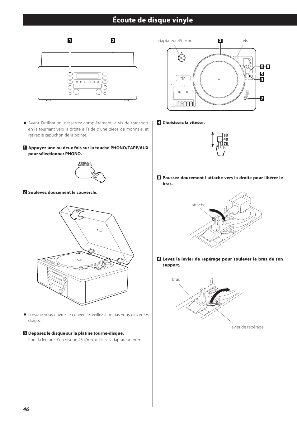 Écoute de disque vinyle | Teac LPR500 User Manual | Page 46 / 96