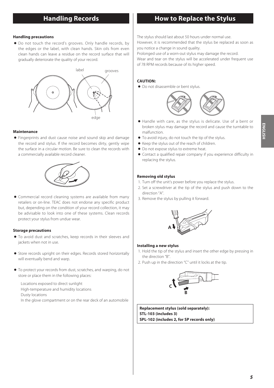 Handling records, How to replace the stylus | Teac LPR500 User Manual | Page 5 / 96