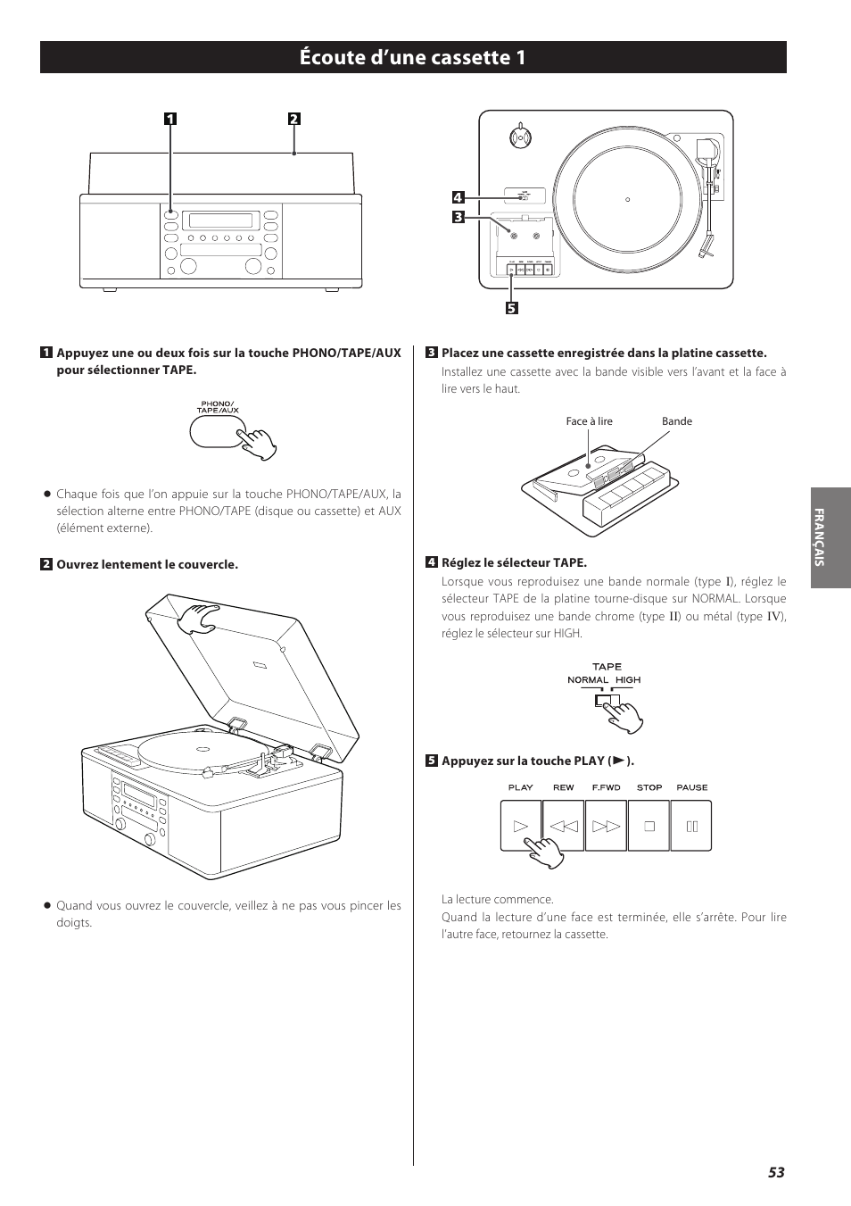 Écoute d’une cassette, Écoute d’une cassette 1 | Teac LPR500 User Manual | Page 53 / 96