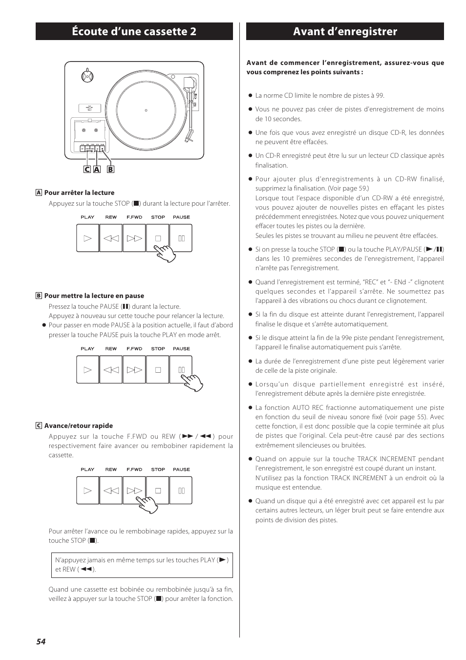Avant d’enregistrer, Écoute d’une cassette 2 | Teac LPR500 User Manual | Page 54 / 96