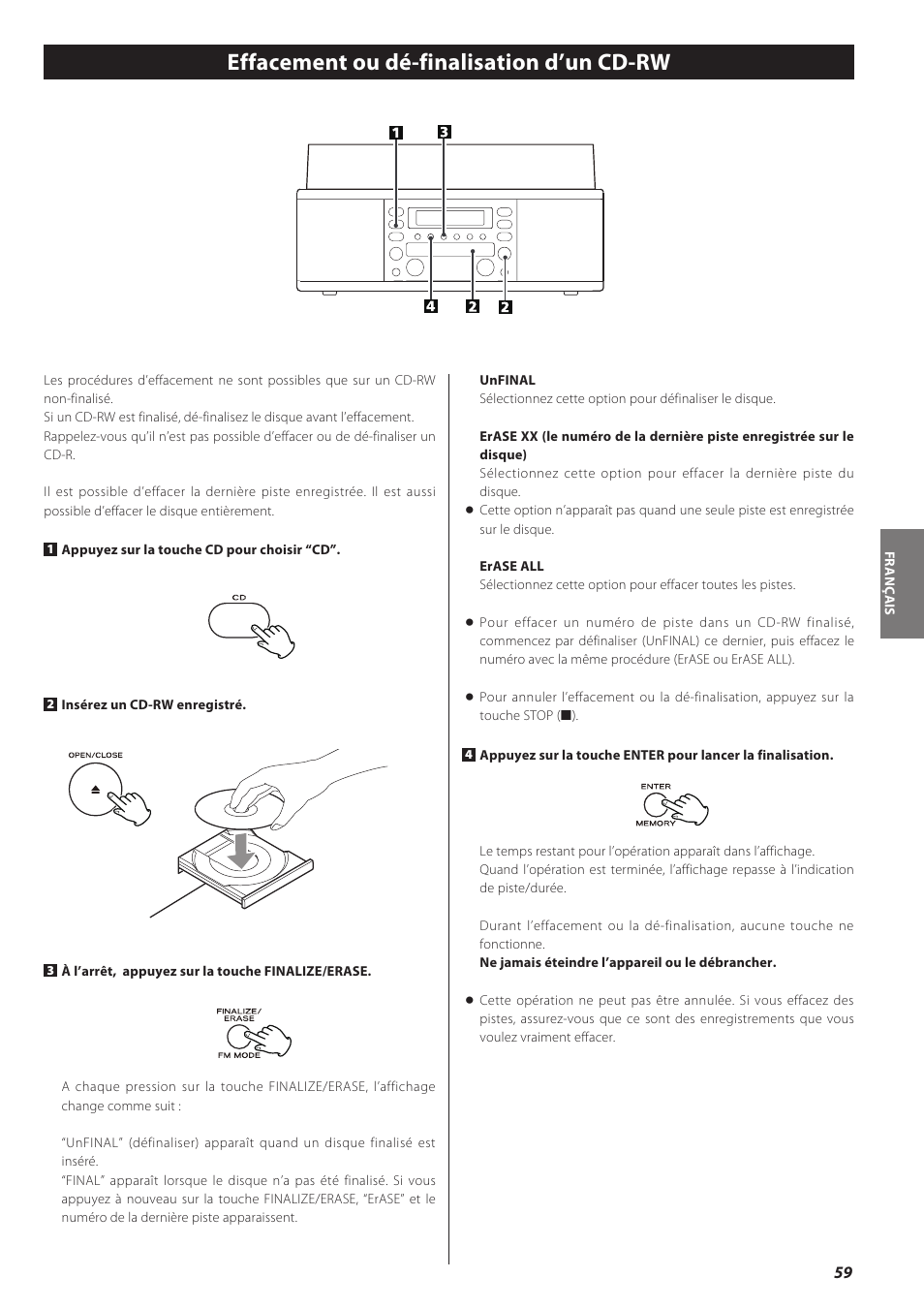 Effacement ou dé-finalisation d’un cd-rw | Teac LPR500 User Manual | Page 59 / 96