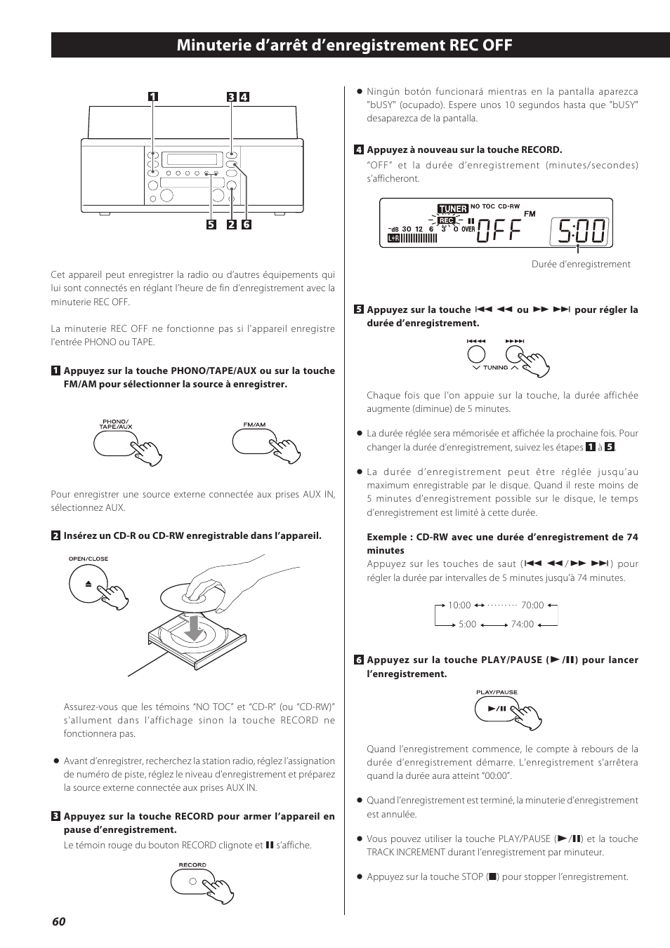 Minuterie d’arrêt d’enregistrement rec off | Teac LPR500 User Manual | Page 60 / 96