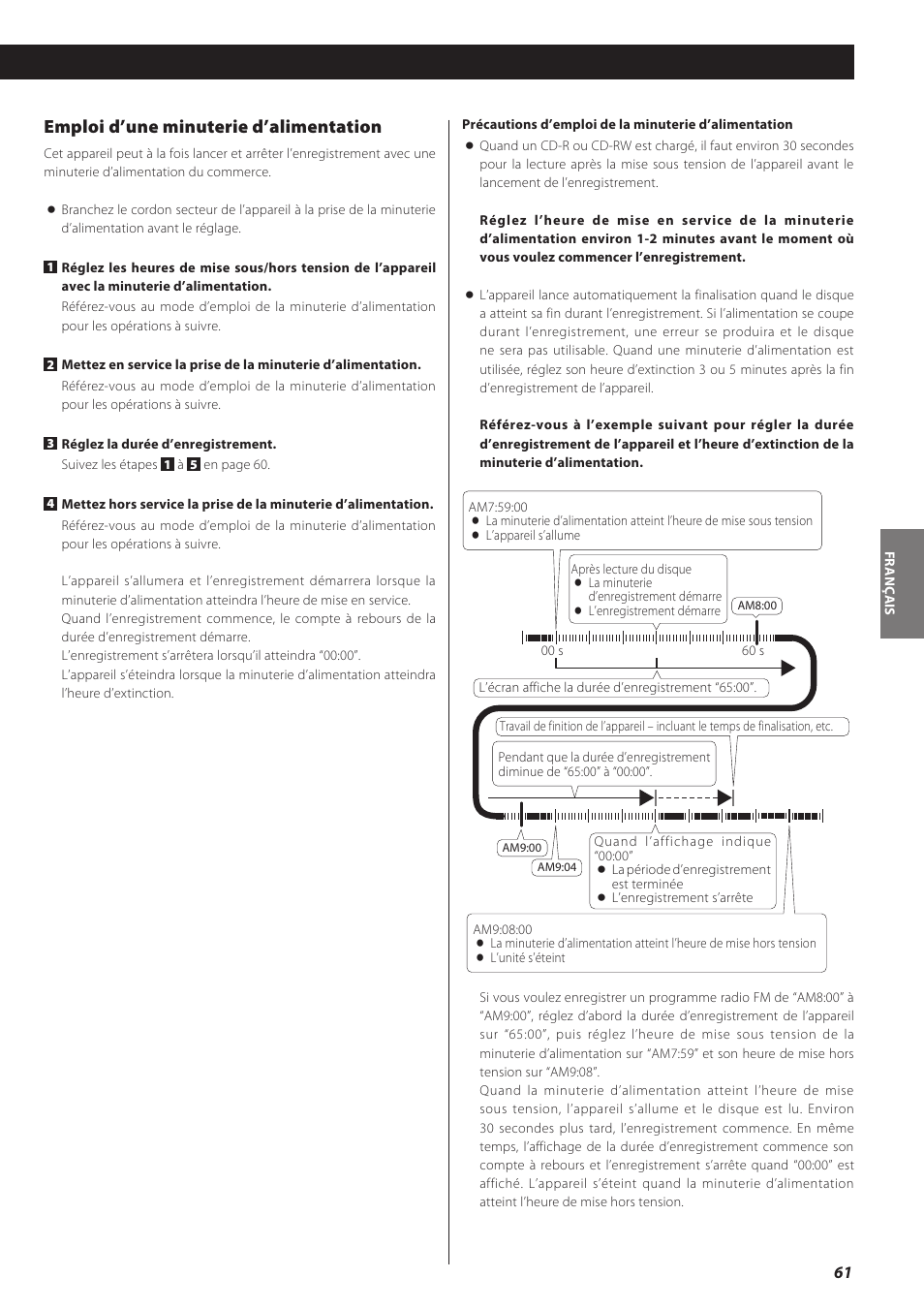 Emploi d’une minuterie d’alimentation | Teac LPR500 User Manual | Page 61 / 96