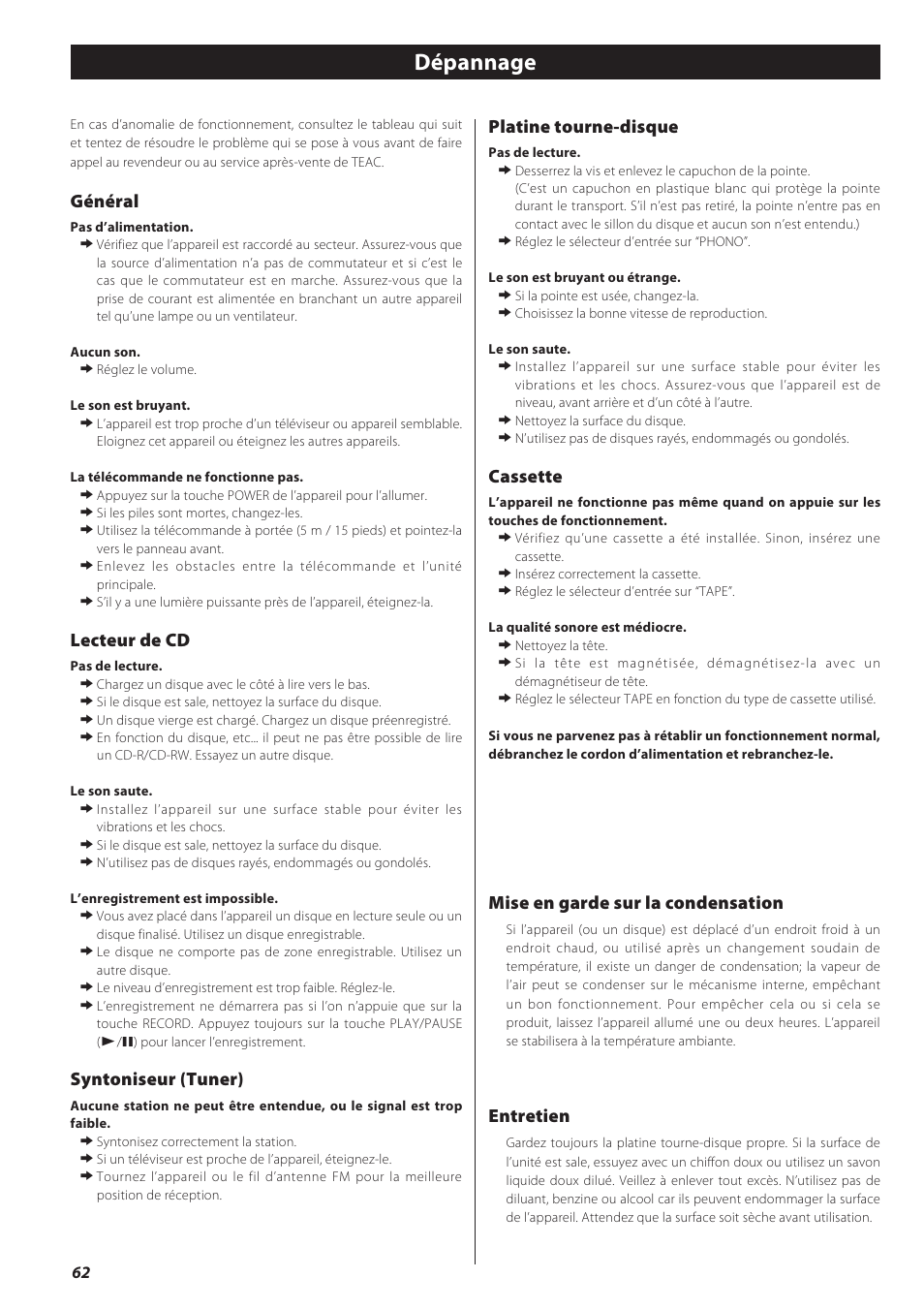 Dépannage, Général, Lecteur de cd | Syntoniseur (tuner), Platine tourne-disque, Cassette, Mise en garde sur la condensation, Entretien | Teac LPR500 User Manual | Page 62 / 96