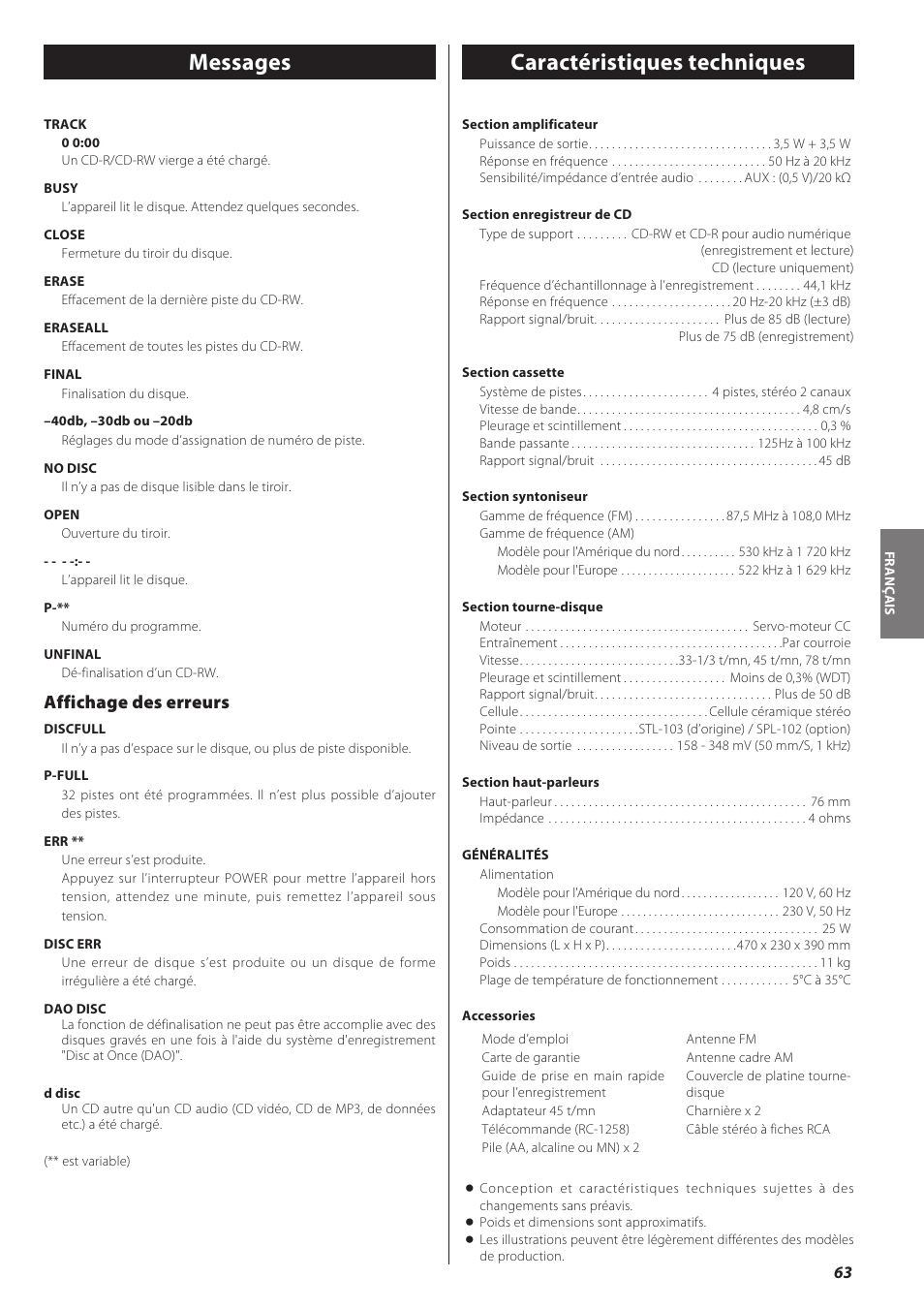 Messages, Caractéristiques techniques, Affichage des erreurs | Teac LPR500 User Manual | Page 63 / 96