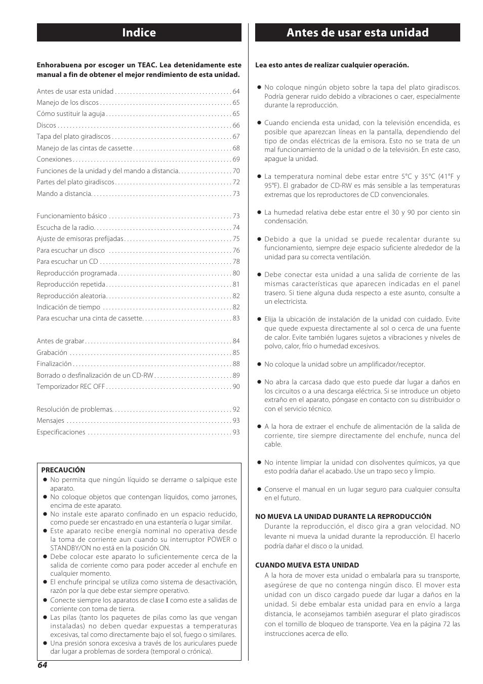 Manual del usuario, Indice, Antes de usar esta unidad | Teac LPR500 User Manual | Page 64 / 96