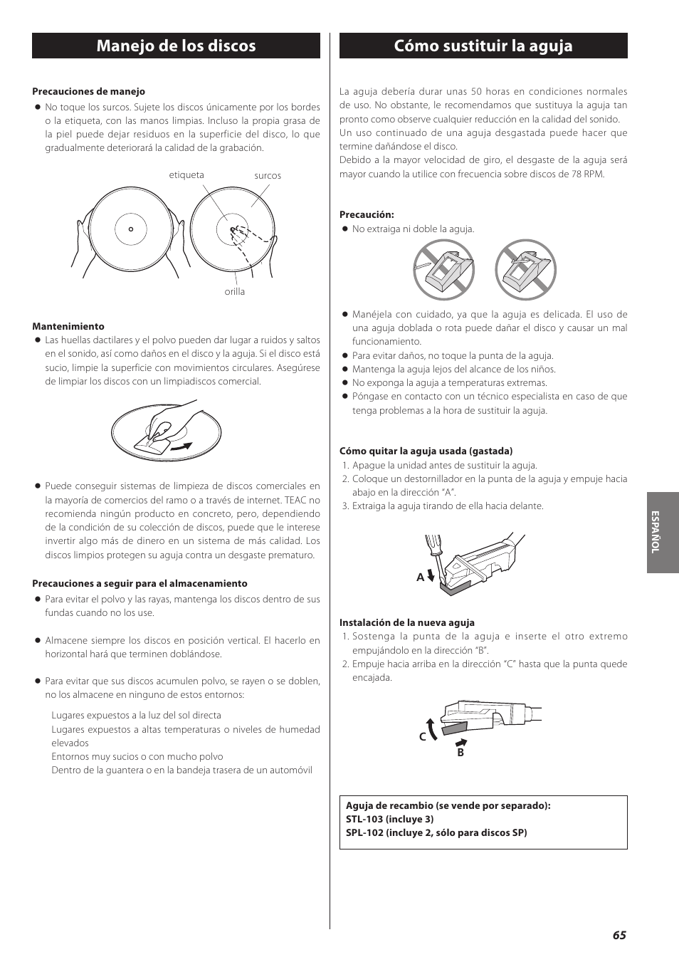 Manejo de los discos, Cómo sustituir la aguja | Teac LPR500 User Manual | Page 65 / 96