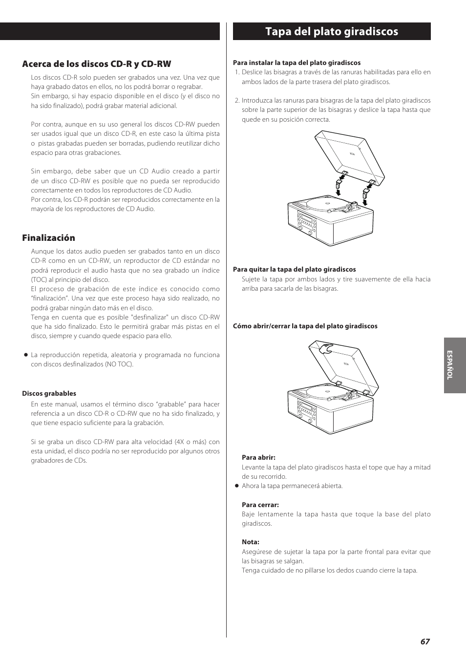 Tapa del plato giradiscos, Acerca de los discos cd-r y cd-rw, Finalización | Teac LPR500 User Manual | Page 67 / 96