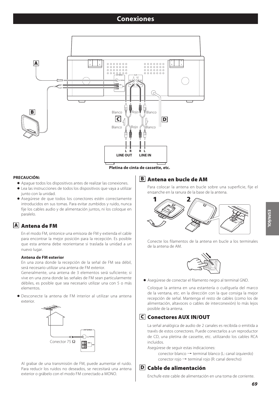 Conexiones, Antena de fm, Antena en bucle de am | Conectores aux in/out, Cable de alimentación | Teac LPR500 User Manual | Page 69 / 96