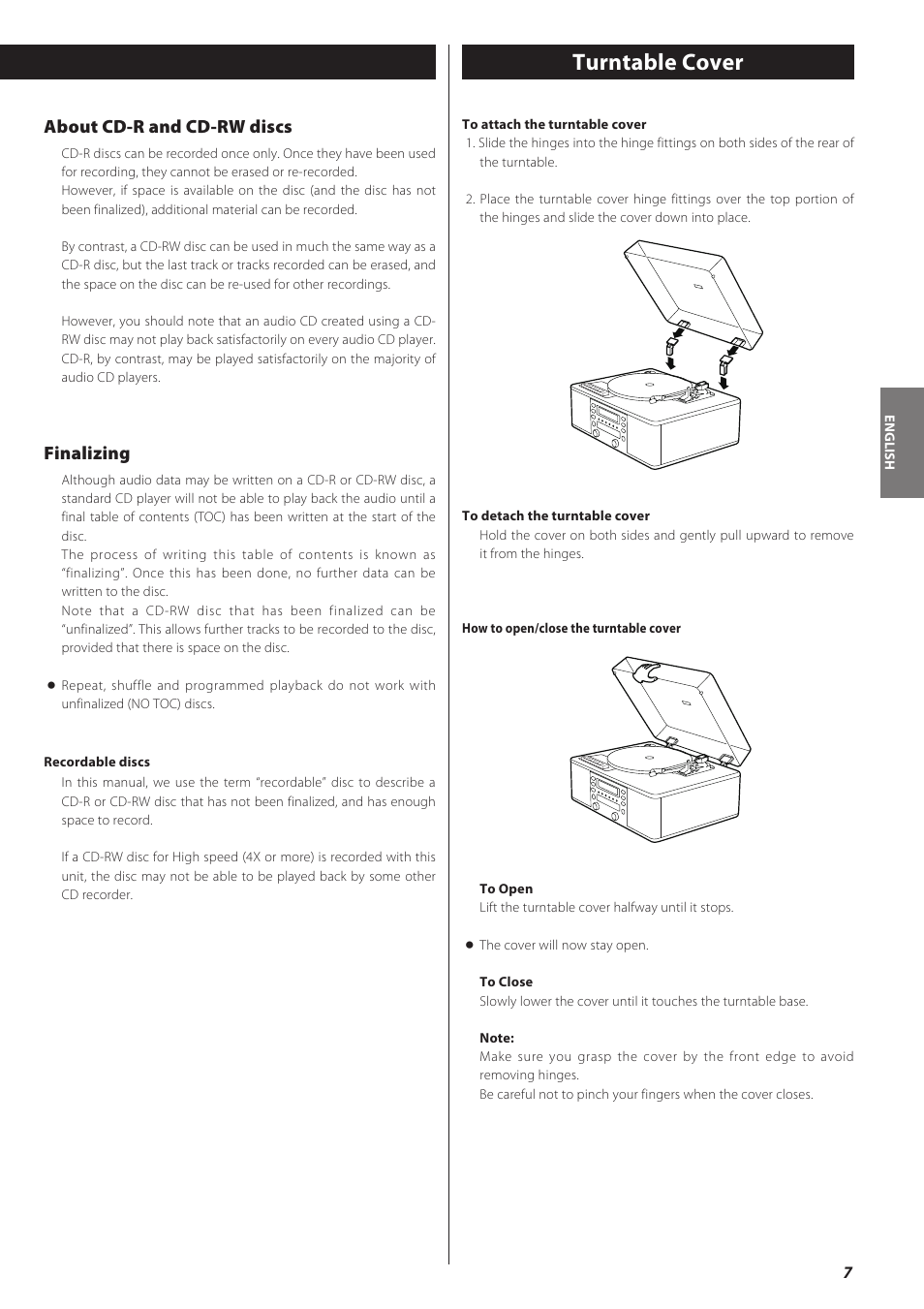 Turntable cover, About cd-r and cd-rw discs, Finalizing | Teac LPR500 User Manual | Page 7 / 96