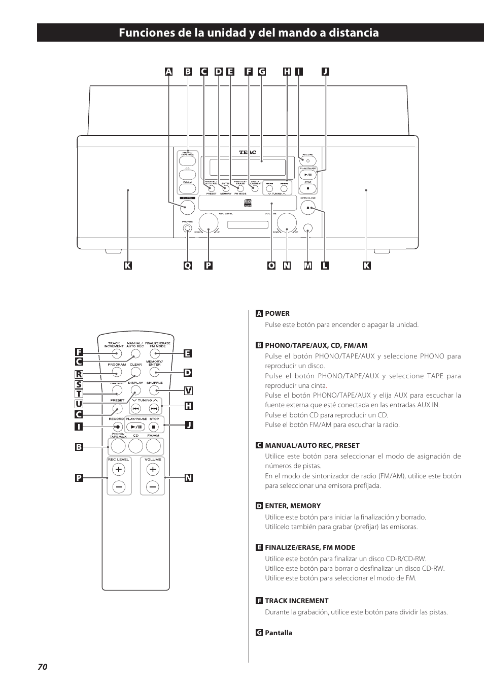 Funciones de la unidad y del mando a distancia | Teac LPR500 User Manual | Page 70 / 96