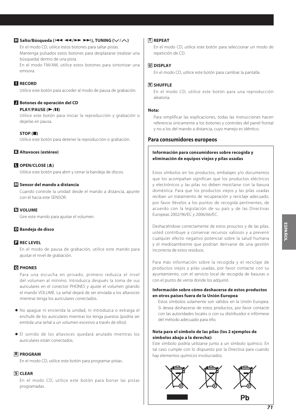 Para consumidores europeos | Teac LPR500 User Manual | Page 71 / 96