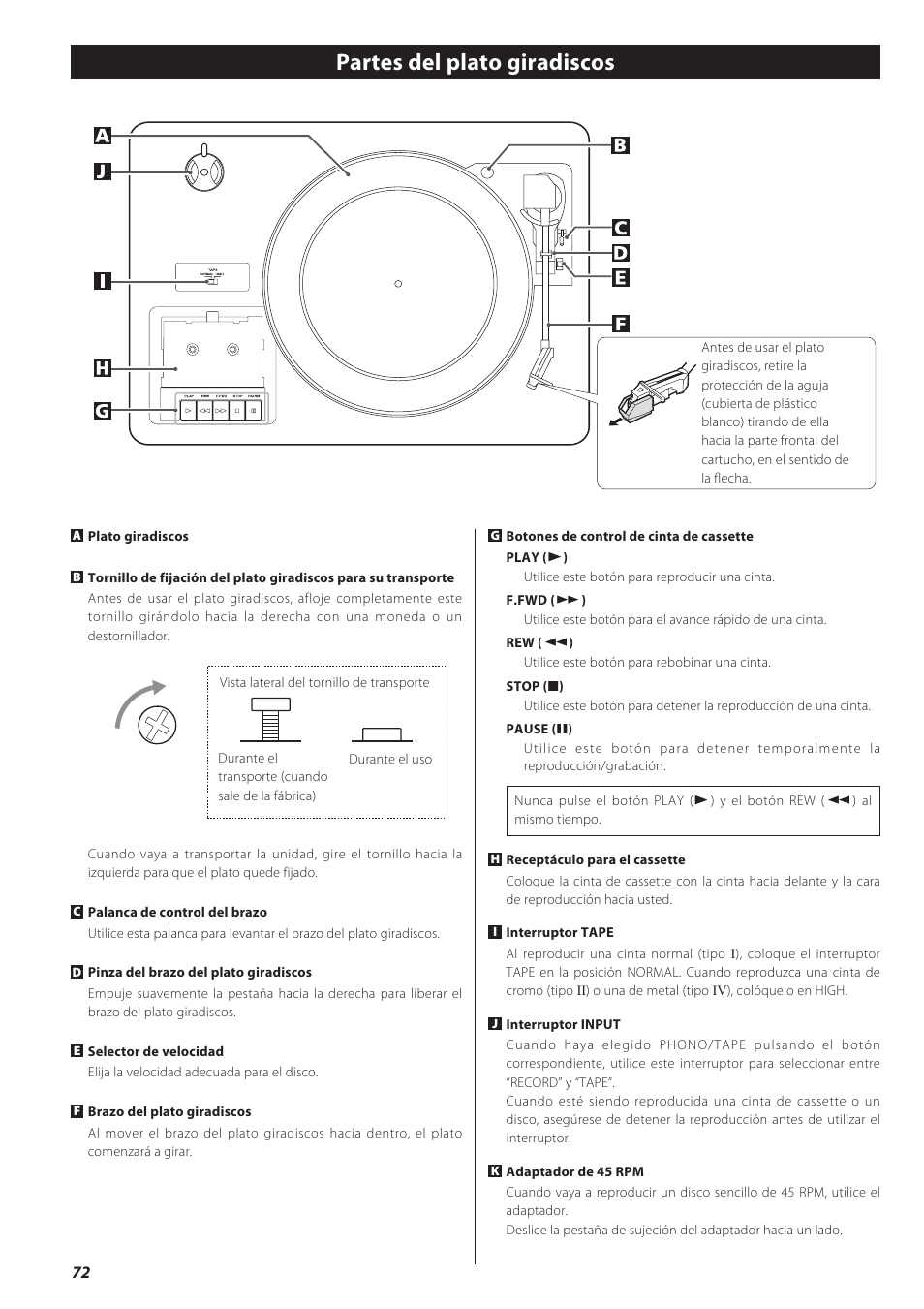 Partes del plato giradiscos | Teac LPR500 User Manual | Page 72 / 96