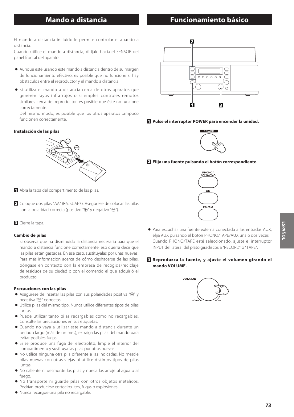 Mando a distancia, Funcionamiento básico | Teac LPR500 User Manual | Page 73 / 96