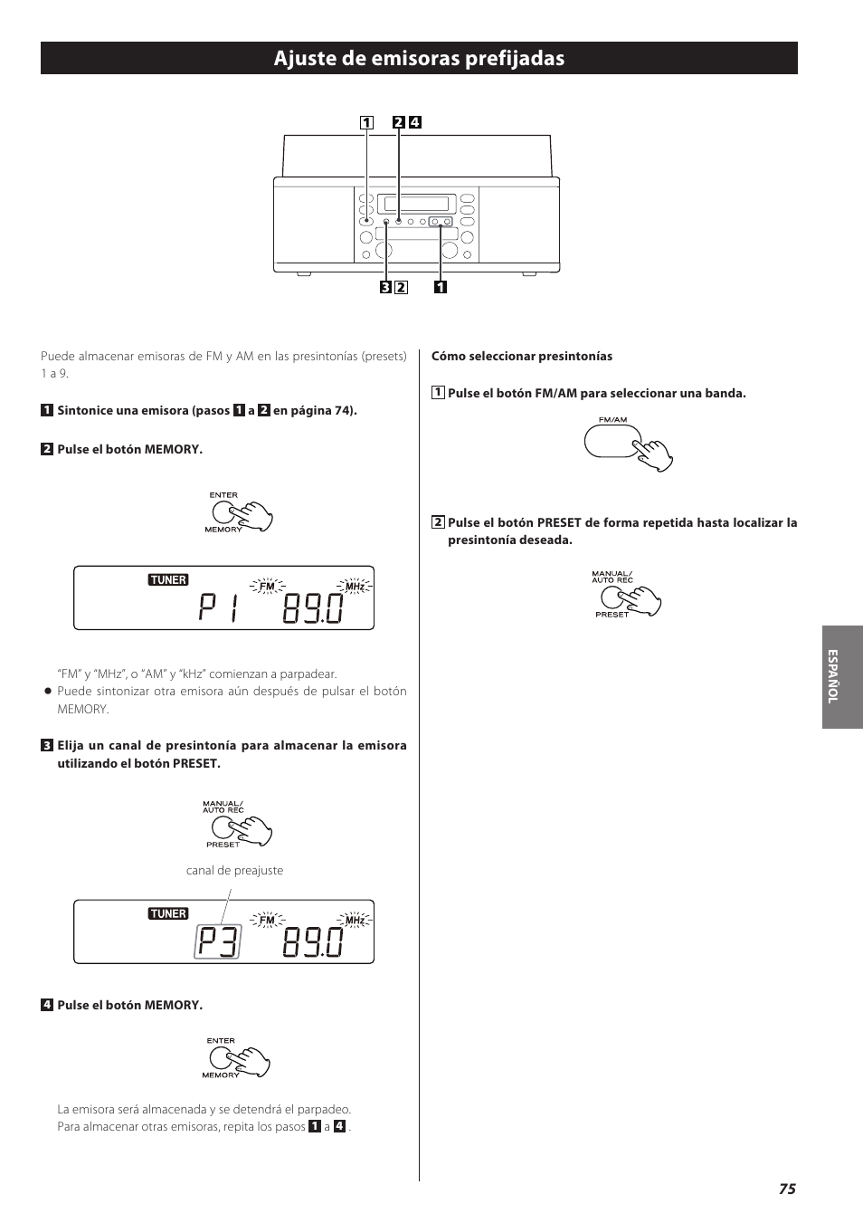 Ajuste de emisoras prefijadas | Teac LPR500 User Manual | Page 75 / 96