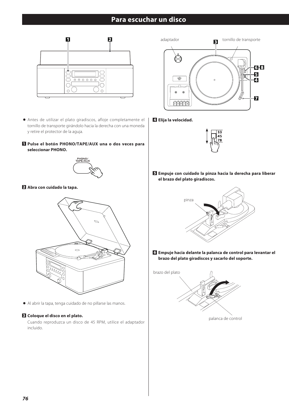 Para escuchar un disco | Teac LPR500 User Manual | Page 76 / 96