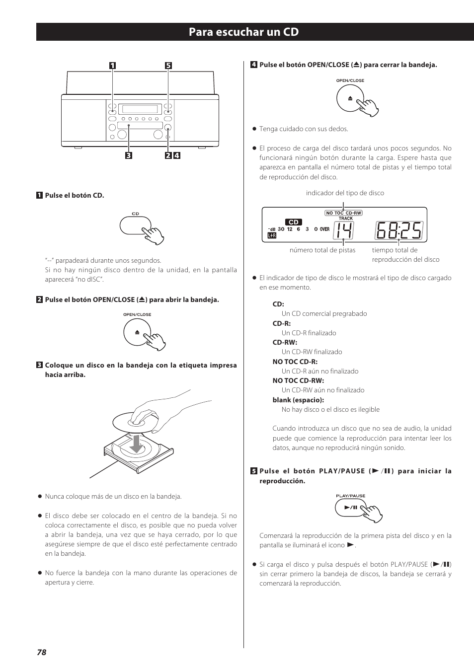 Para escuchar un cd | Teac LPR500 User Manual | Page 78 / 96