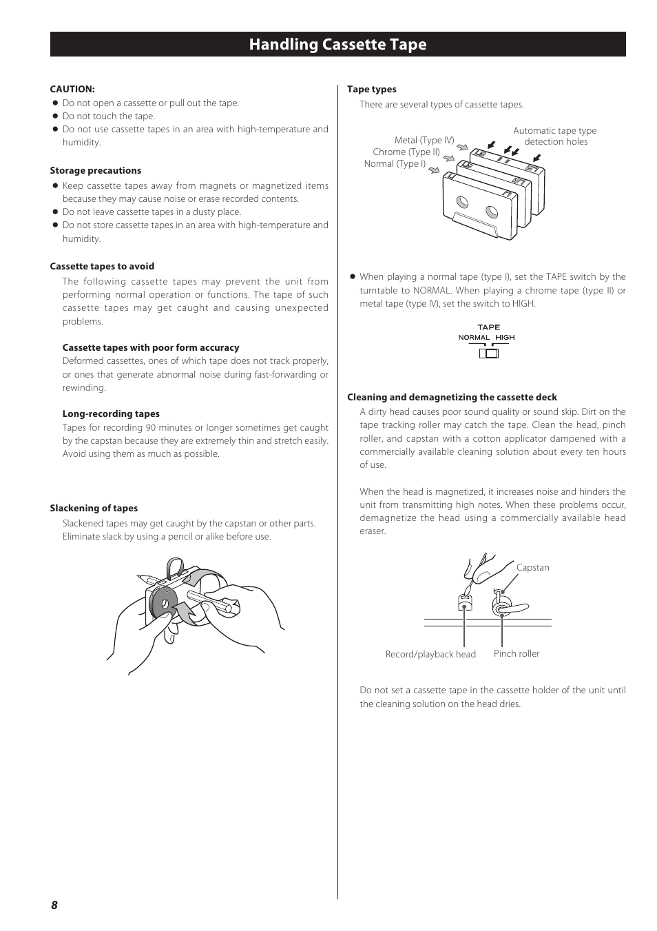 Handling cassette tape | Teac LPR500 User Manual | Page 8 / 96