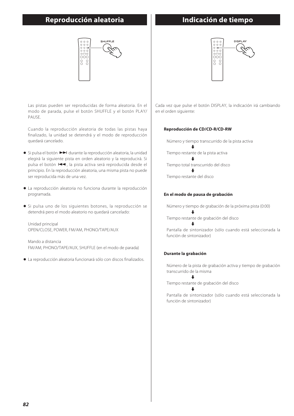 Reproducción aleatoria, Indicación de tiempo, Indicación de tiempo reproducción aleatoria | Teac LPR500 User Manual | Page 82 / 96