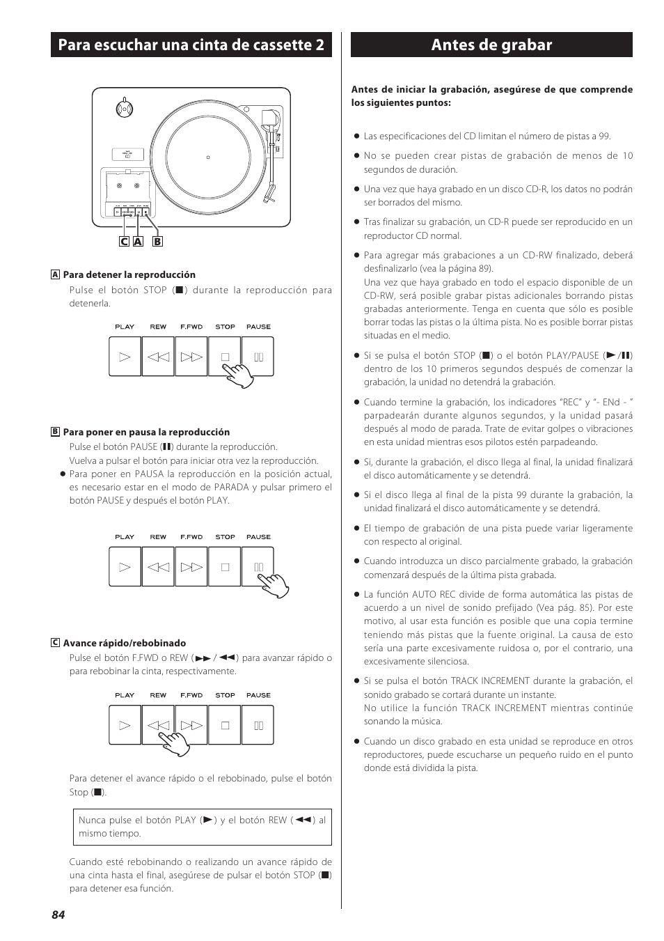 Antes de grabar, Para escuchar una cinta de cassette 2 | Teac LPR500 User Manual | Page 84 / 96