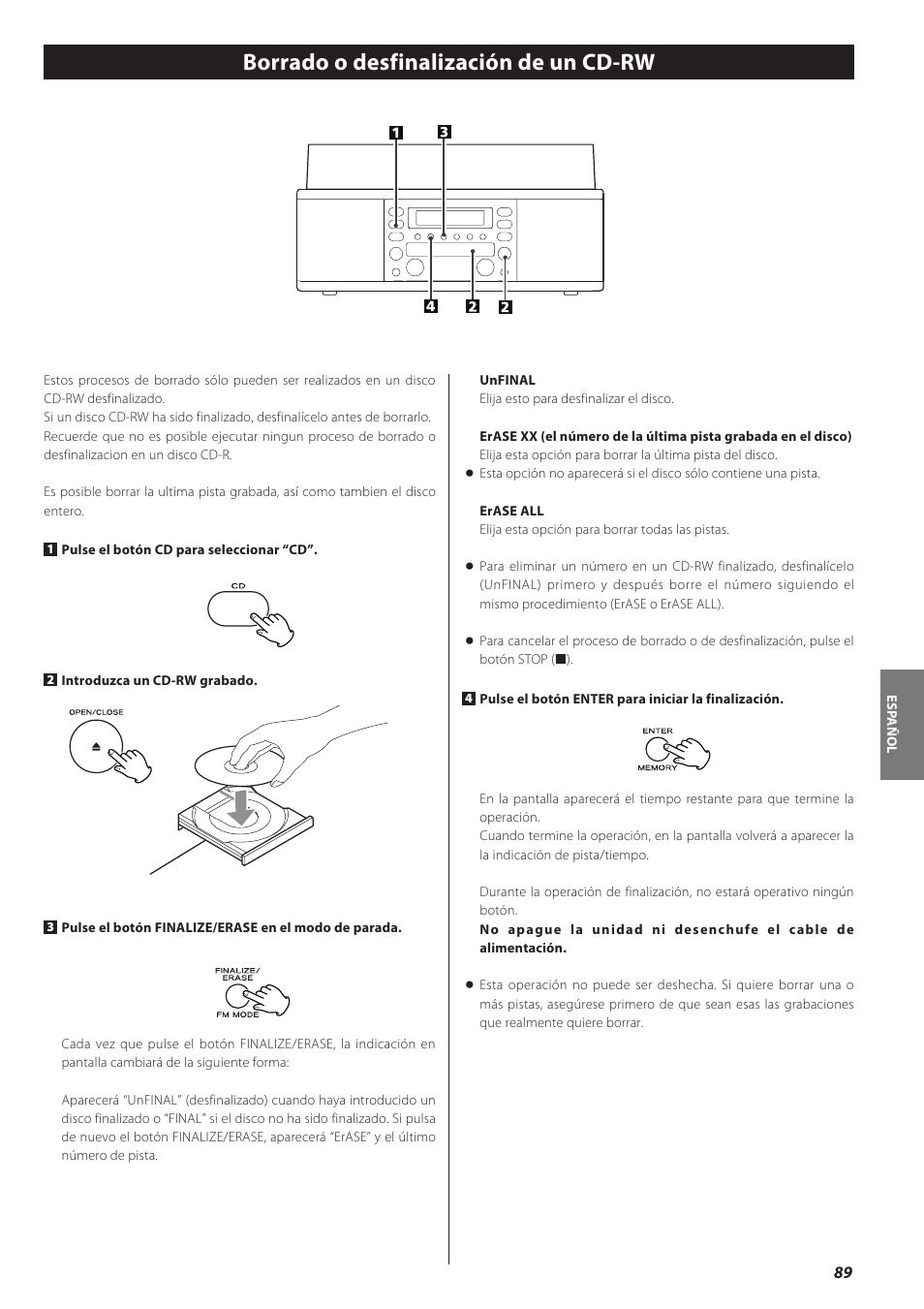 Borrado o desfinalización de un cd-rw | Teac LPR500 User Manual | Page 89 / 96