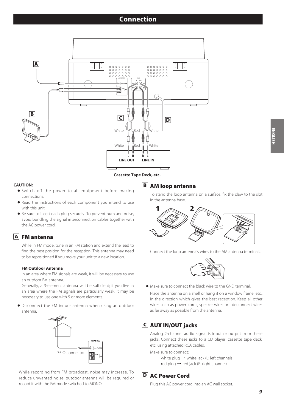 Connection, Fm antenna, Am loop antenna | Aux in/out jacks, Ac power cord | Teac LPR500 User Manual | Page 9 / 96