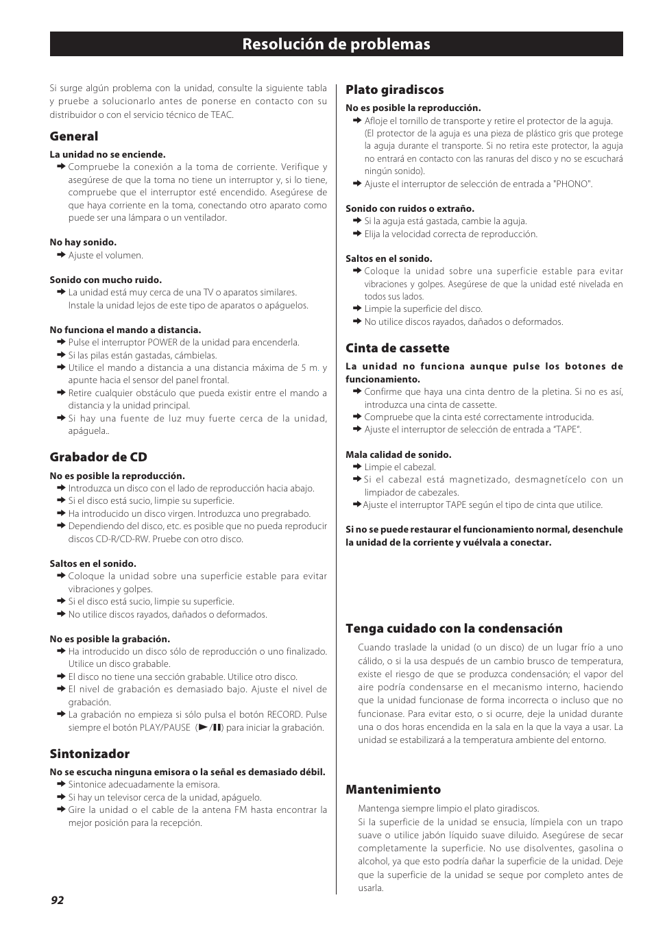 Resolución de problemas, General, Grabador de cd | Sintonizador, Plato giradiscos, Cinta de cassette, Tenga cuidado con la condensación, Mantenimiento | Teac LPR500 User Manual | Page 92 / 96