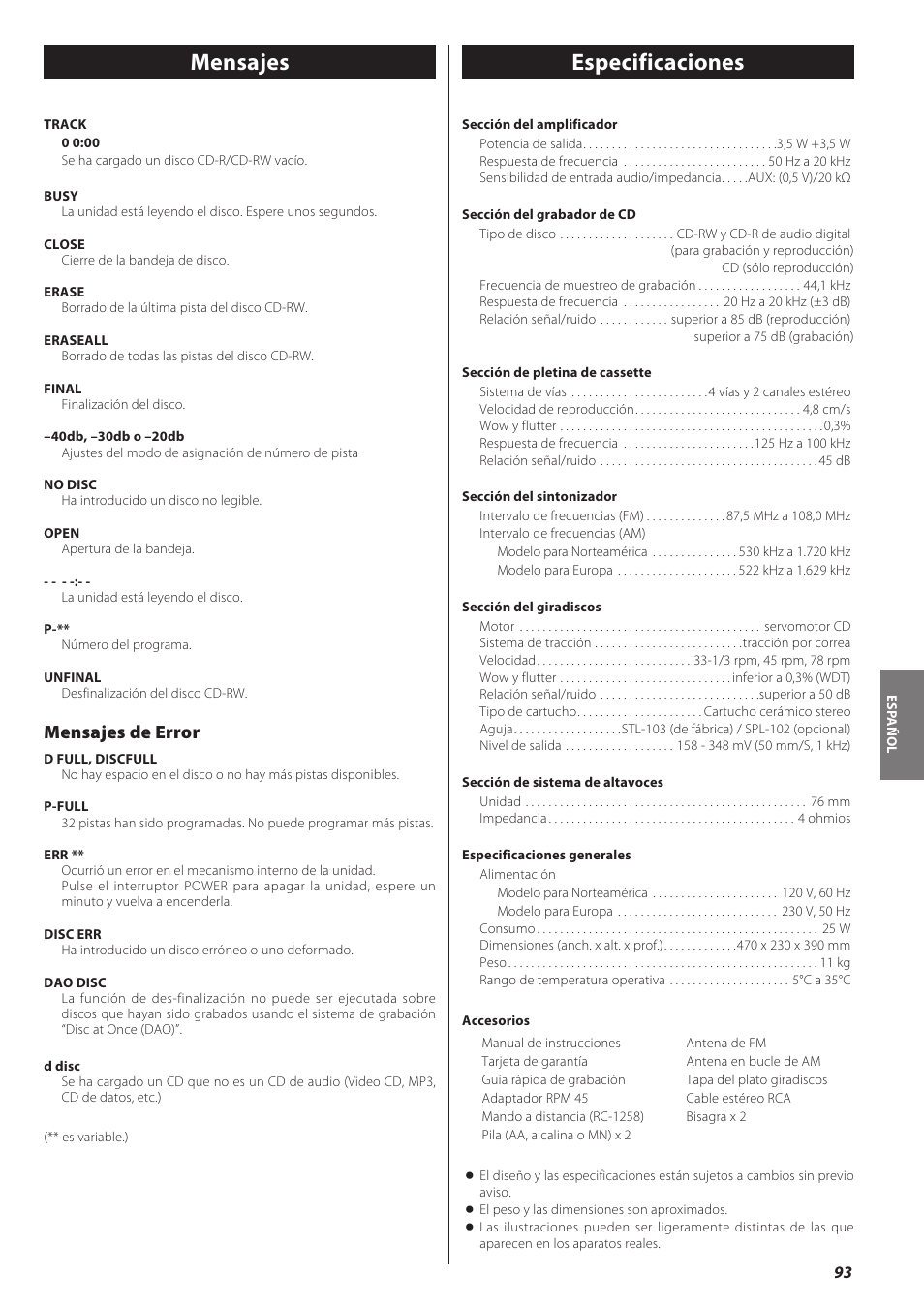 Mensajes, Especificaciones, Especificaciones mensajes | Mensajes de error | Teac LPR500 User Manual | Page 93 / 96