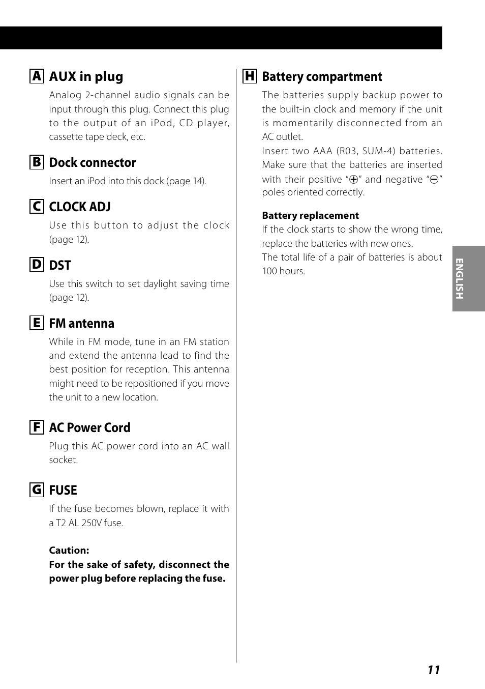 A aux in plug, B dock connector, C clock adj | D dst, E fm antenna, F ac power cord, G fuse, H battery compartment | Teac SR-L70i User Manual | Page 11 / 72
