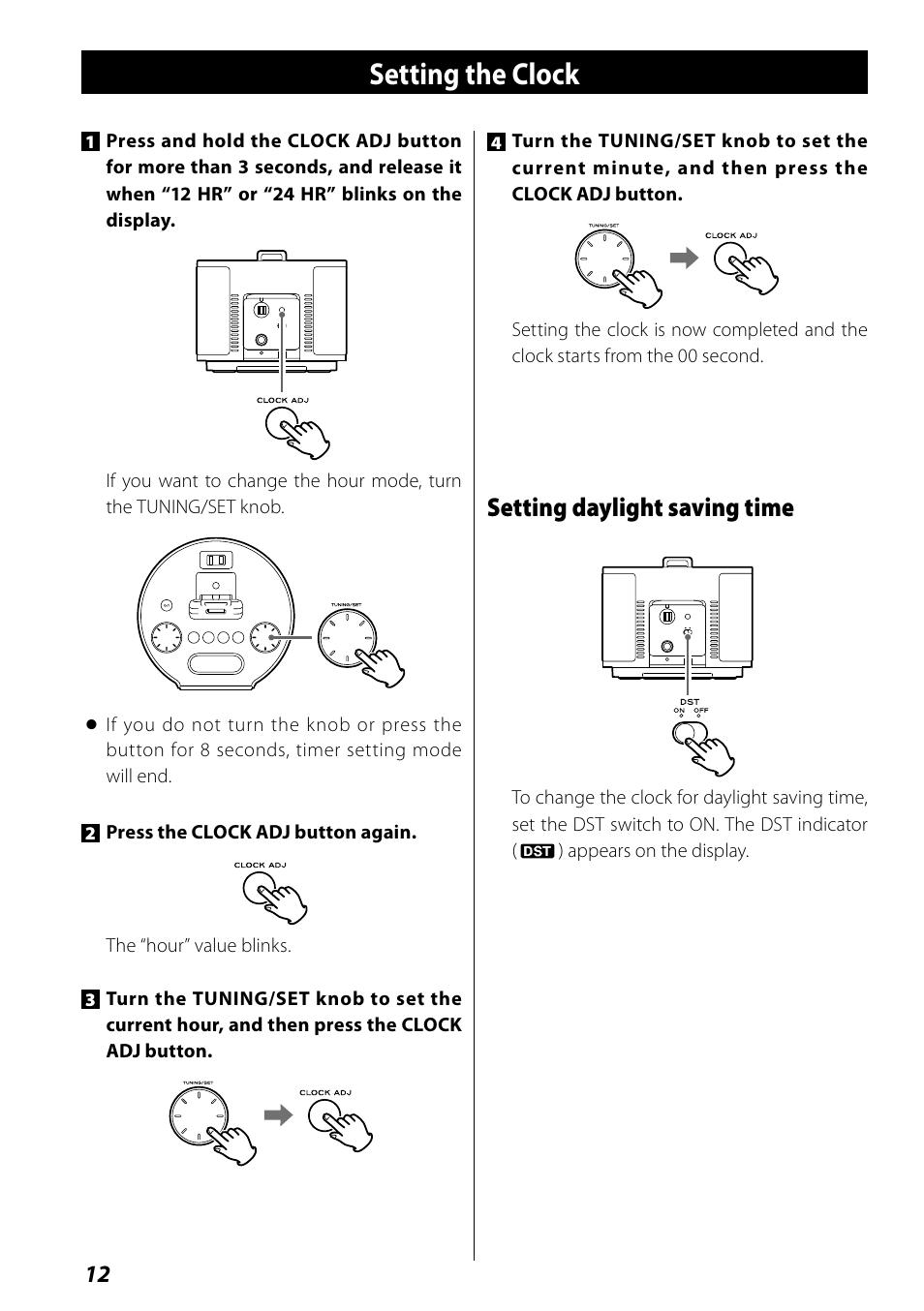 Setting the clock, Setting daylight saving time | Teac SR-L70i User Manual | Page 12 / 72