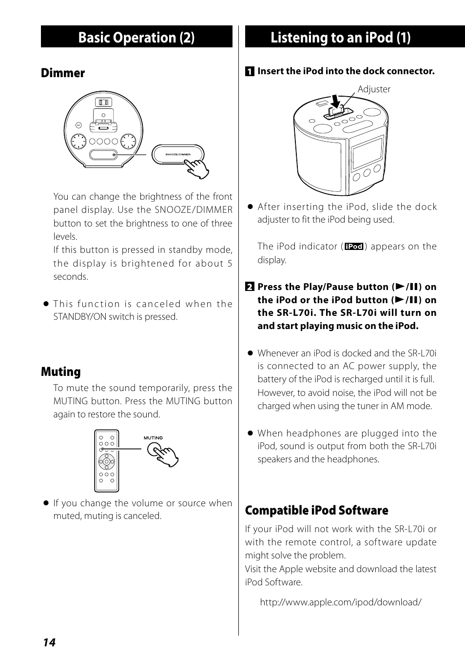 Listening to an ipod, Basic operation (2), Listening to an ipod (1) | Dimmer, Muting, Compatible ipod software | Teac SR-L70i User Manual | Page 14 / 72