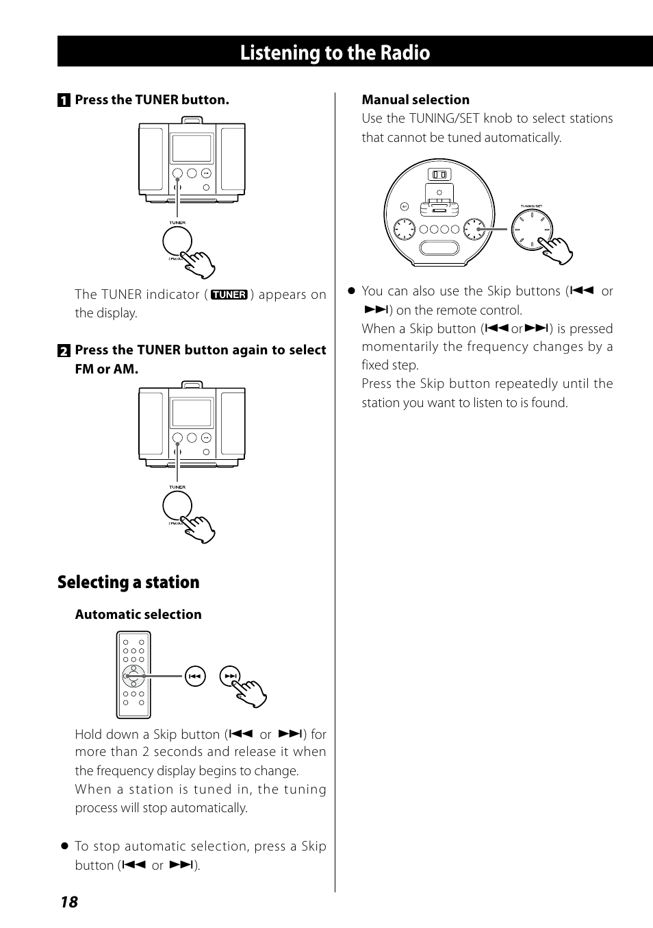 Listening to the radio, Selecting a station | Teac SR-L70i User Manual | Page 18 / 72