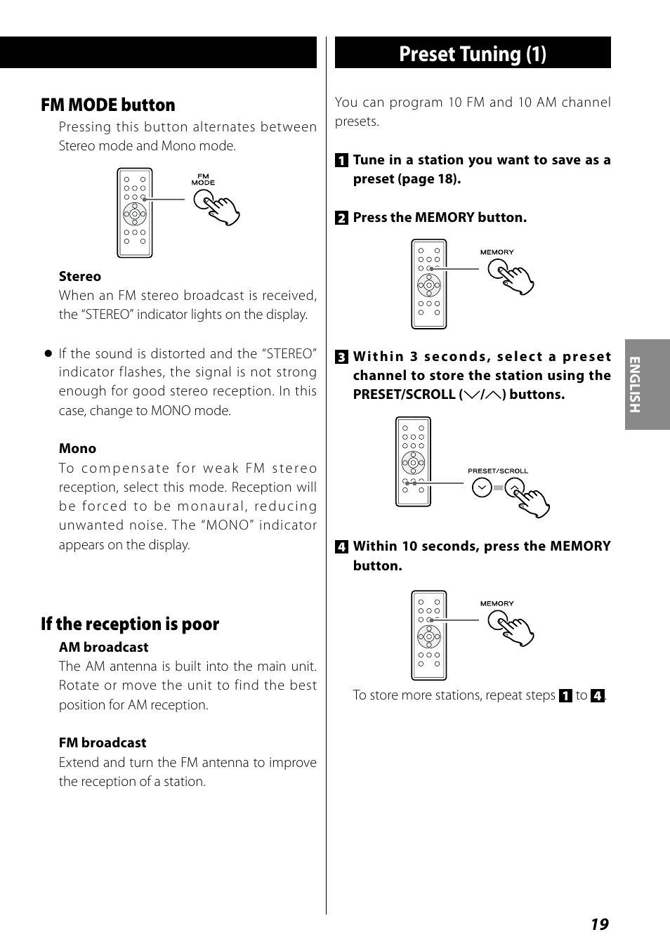 Preset tuning, Timer, Preset tuning (1) | Fm mode button, If the reception is poor | Teac SR-L70i User Manual | Page 19 / 72