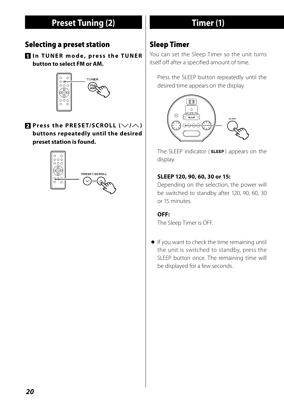 Preset tuning (2), Timer (1), Selecting a preset station | Sleep timer | Teac SR-L70i User Manual | Page 20 / 72