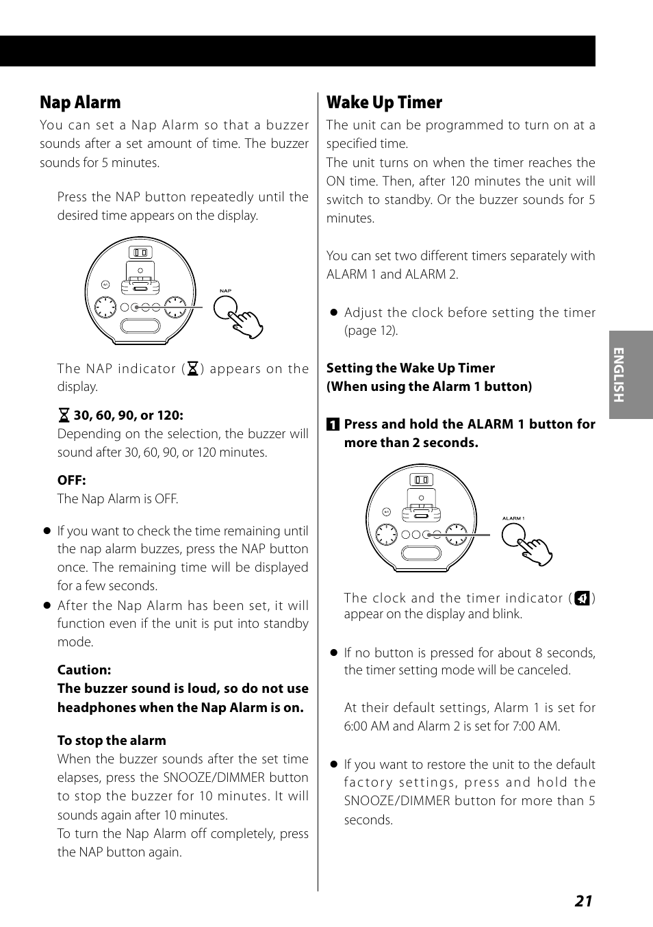 Nap alarm, Wake up timer | Teac SR-L70i User Manual | Page 21 / 72