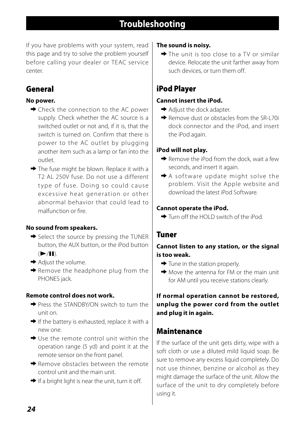 Troubleshooting, General, Ipod player | Tuner, Maintenance | Teac SR-L70i User Manual | Page 24 / 72