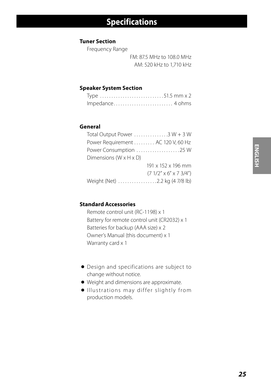 Specifications | Teac SR-L70i User Manual | Page 25 / 72