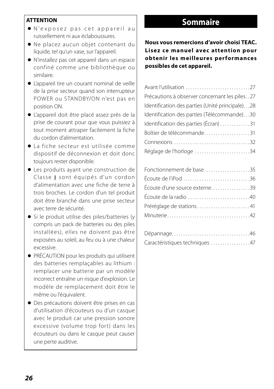 Mode d’emploi, Sommaire | Teac SR-L70i User Manual | Page 26 / 72