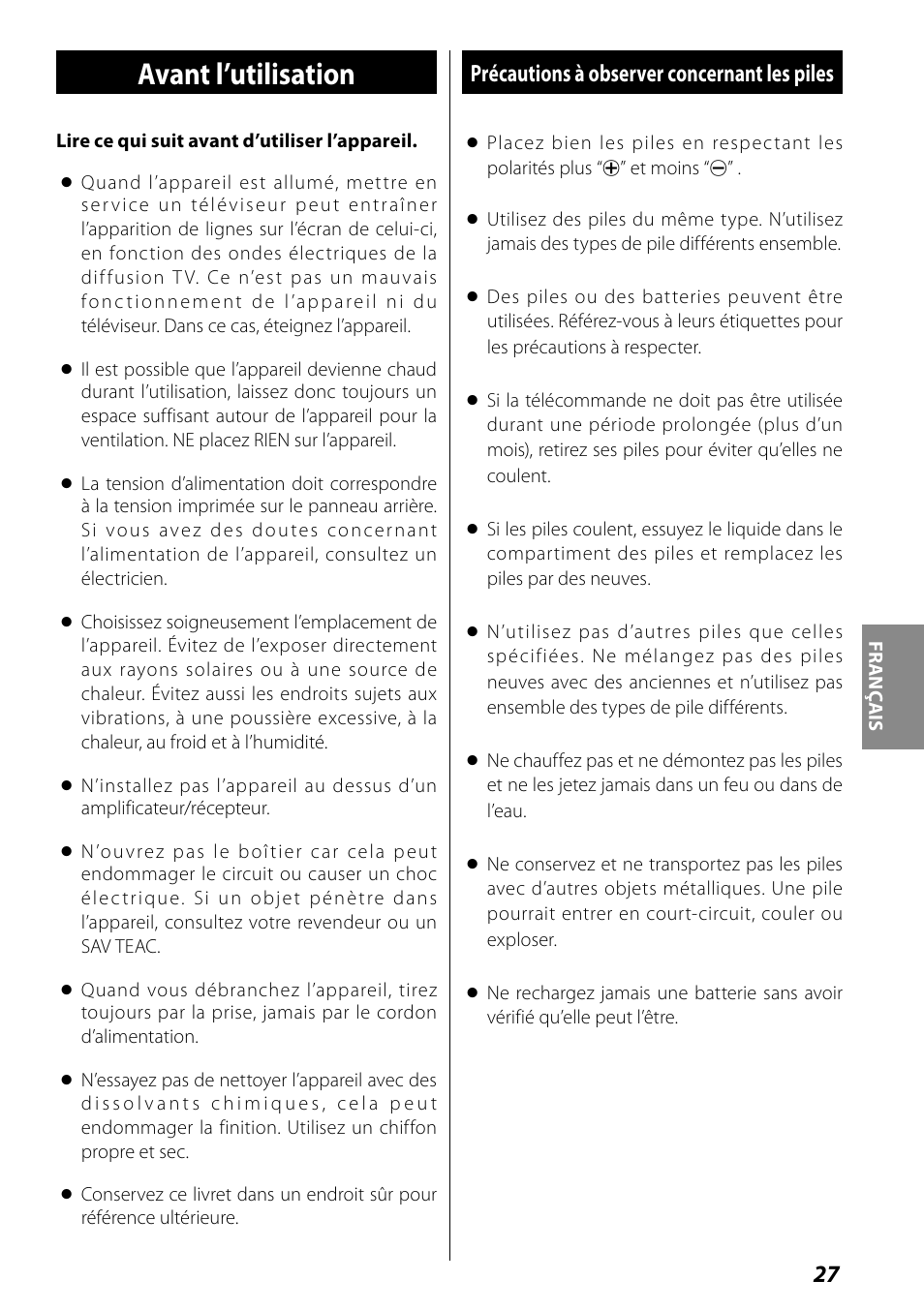 Avant l’utilisation, Précautions à observer concernant les piles, Identification des parties (unité principale) | Teac SR-L70i User Manual | Page 27 / 72