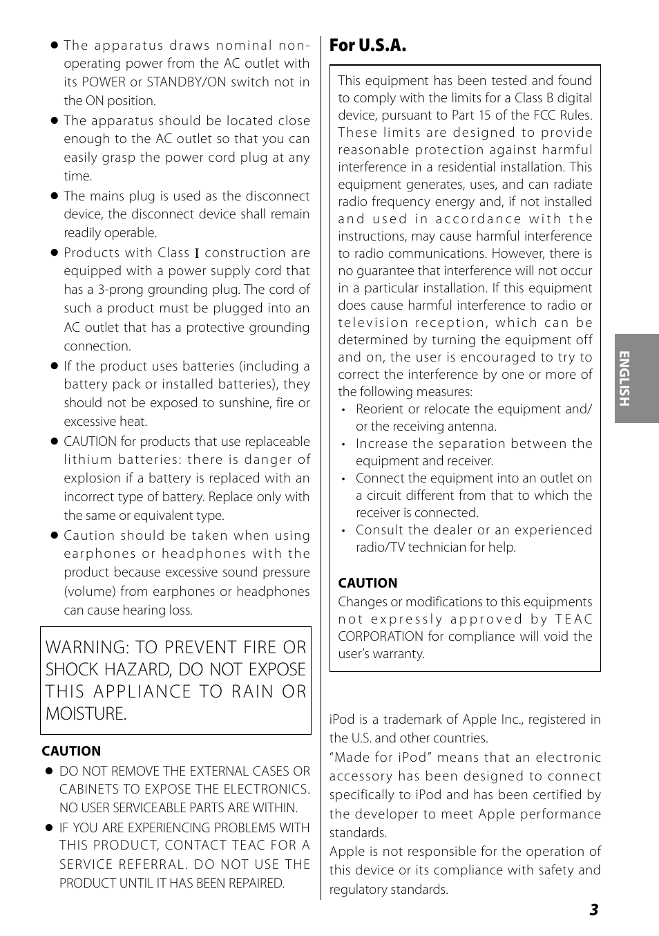 For u.s.a | Teac SR-L70i User Manual | Page 3 / 72